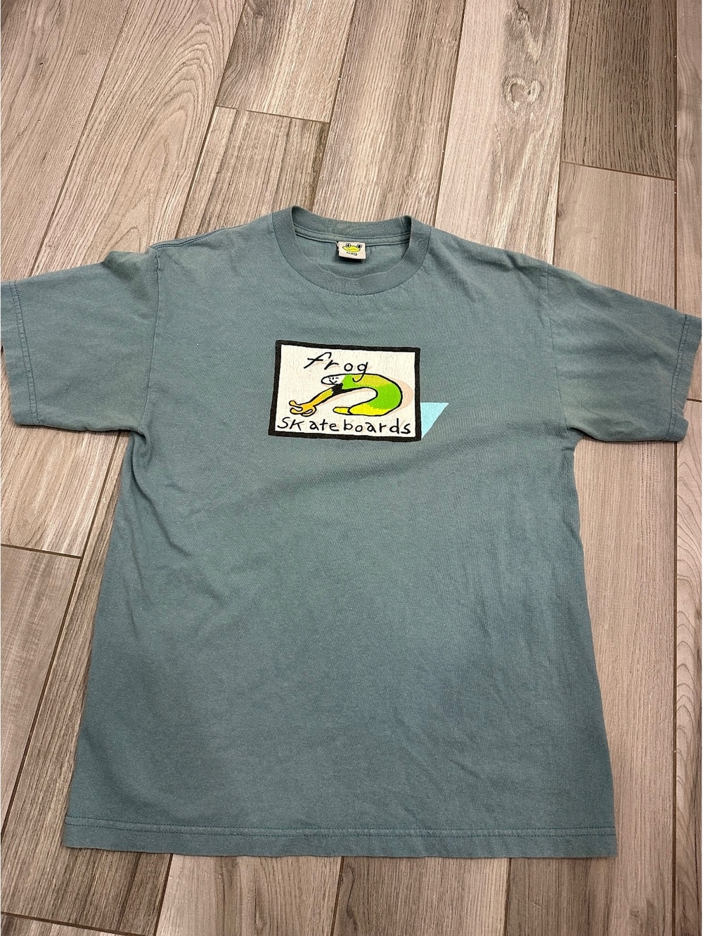 Y2K Frog Skateboards Graphic T-Shirt Medium Blue Green